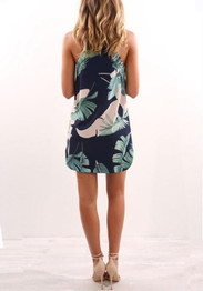 Casual Green Floral Condole Belt Irregular Round Neck Mini Dress