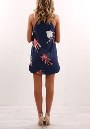 Casual New Women Blue Floral Condole Belt Irregular Round Neck Mini Dress