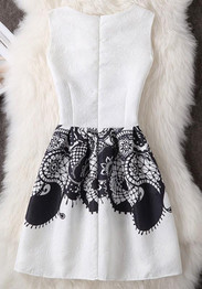 Casual White Floral Print Zipper Round Neck Vintage Mini Dress