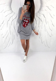 Grey Floral Print Pockets Round Neck Casual Mini Dress