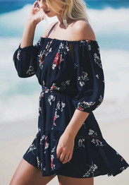 Casual Navy Blue Floral Cut Out Ruffle Hollow-out Fashion Mini Dress