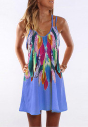 Casual Blue Floral Condole Belt Print U-neck Casual Mini Dress