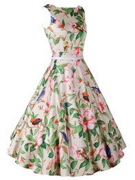 Casual Captivating Boat Neck Belt Bird Floral Printed Skater Dress