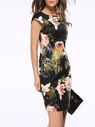 Casual Round Neck Floral Printed Bodycon Dress