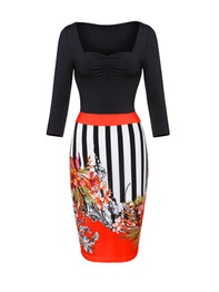 Casual Sweet Heart Striped Floral Printed Bodycon Dress