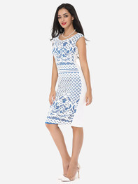 Casual Round Neck Dacron Floral Lace Printed Bodycon Dress