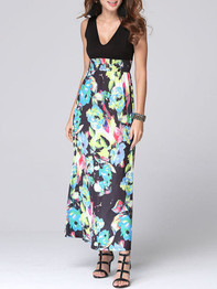 Casual Deep V-Neck Floral Printed Empire Maxi Dress