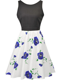 Casual Round Neck Bowknot Delicate Floral Printed Skater Dress