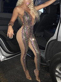 New Golden Rainbow Striped Sequin Halter Neck Backless Belt V-neck Bodycon Party Clubwear Long Jumpsuit Pant
