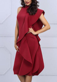 Burgundy Ruffle Slit Band Collar Sleeveless Bodycon Banquet Elegant Party Midi Dress