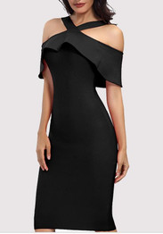 Black Ruffle Bodycon Halter Neck Backless Elegant Party Midi Dress