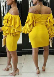 Yellow Ruffle Zipper Off Shoulder Backless Bodycon Party Midi Dress