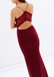 Burgundy Patchwork Lace Backless Mermaid Bodycon Spaghetti Strap Elegant Banquet Party Maxi Dress