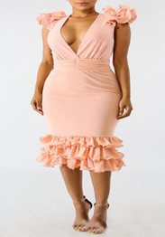 Pink Cascading Ruffle Cut Out Backless Deep V-neck Mermaid Bodycon Party Midi Dress