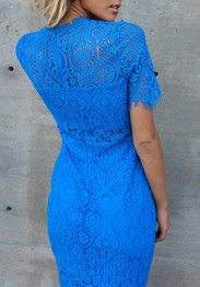 Blue Lace Cut Out Bodycon Elegant Party Midi Dress