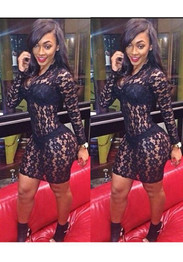 Casual Black Plain Lace Hollow-out See-through Bodycon V-neck Clubwear Mini Dress
