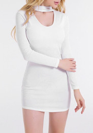 Casual White Plain Cut Out Band Collar Bodycon Clubwear Mini Dress