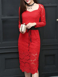 Casual Sweet Heart Side Slit Belt Hollow Out Lace Bodycon Dress