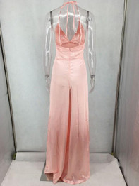 New Pink Side Slit Halter Neck Backless Deep V-neck Party Maxi Dress