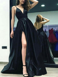 New Black Spaghetti Strap Side Slits Backless V-neck Prom Evening Party Maxi Dress