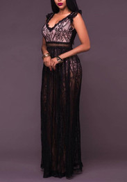 New Black Patchwork Lace Backless Deep V-neck Sheer Homecoming Party Masked Ball Maxi Dress
