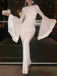 New White Patchwork Lace Grenadine Round Neck Fashion Maxi Dress