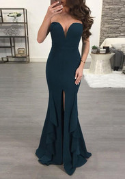 Dark Green Ruffle Slit Off Shoulder Backless Deep V-neck Banquet Party Maxi Dress
