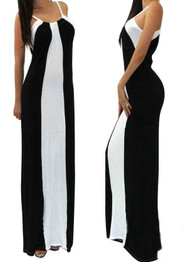 Black Patchwork Spaghetti Strap Draped Backless Off Shoulder Casual Maxi Dress