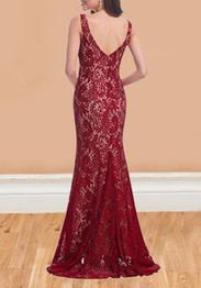 Red Patchwork Lace Slit Backless Sleeveless Cocktail Party Maxi Dress