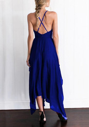 Blue Irregular Back Cross Spaghetti Strap Flowy Deep V-neck Bohemian Party Maxi Dress