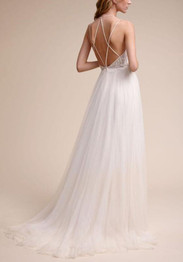 White Patchwork Lace Grenadine Spaghetti Strap Deep V-neck Maxi Dress