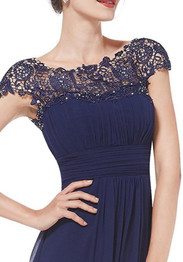 Navy Blue Patchwork Lace Cut Out Backless Draped Elegant Chiffon Prom Maxi Dress