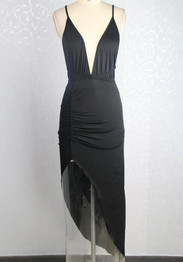 Black Plain Condole Belt Side Slit Plunging Neckline Maxi Dress