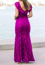 Rose Carmine Patchwork Ruffle Hollow-out Lace Fashion Maxi Dress