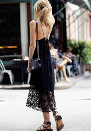 Black Patchwork Lace Hollow-out Draped Deep V-neck Spaghetti Straps Midi Dress