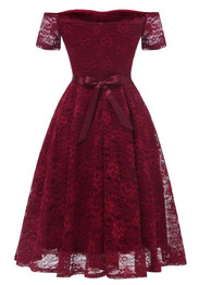Burgundy Lace Bow Pleated Off Shoulder Backless Tutu Banquet Elegant Party Midi Dress