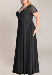 Black Patchwork Draped Lace V-neck Short Sleeve Elegant Maxi Dress