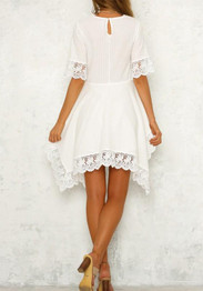 White Patchwork Lace Draped High Waisted Deep V-neck Graduated Homecoming Party Midi Dress