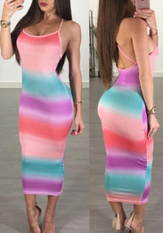 Pink Striped Backless Cross Back Spaghetti Strap Sleeveless Bohemian Maxi Dress