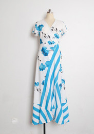 White Striped Irregular Side Slit Flowy Lace-up Vegas Beach Bohemian Maxi Dress