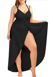 Black Draped Backless Irregular V-neck Spaghetti Strap Plus Size Beach Maxi Dress