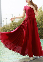Burgundy Lace Pleated High Waisted Elegant Bohemian Chiffon Maxi Dress