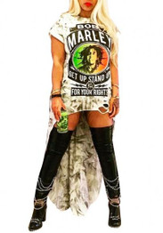 White Bob Marley Print Swallowtail High-Low Rock And Roll Tee Mini Dress