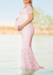 Pink Lace Ruffle Off Shoulder Boat Neck Elegant Mermaid Maternity Maxi Dress