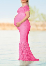 Casual Rose Carmine Lace Ruffle Off Shoulder Boat Neck Mermaid Maternity Maxi Dress