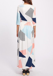 Casual White Geometric Draped Round Neck Elbow Sleeve Maxi Dress