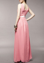 Pink Patchwork Rhinestone Zipper Draped Plunging Neckline Elegant Party Maxi Dress