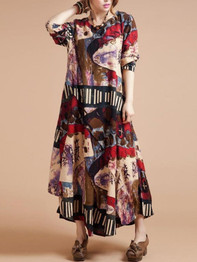 Casual Oversized Round Neck Abstract Print Maxi Dress