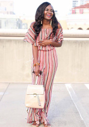 Red Striped Print Ruffle Backless Off Shoulder Wide Leg Long Jumpsuit