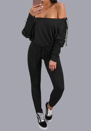 Black Cross Drawstring Off Shoulder Lace-up Backless Party Long Jumpsuit